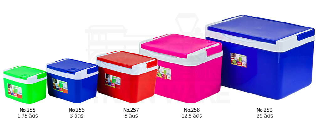 OEM manufacturer and wholesaler of 1.75L 3L 5L 12.5L 29L plastic rectangular cooler in red, blue, green, and pink with custom logo screen printing in Bangkok, Thailand